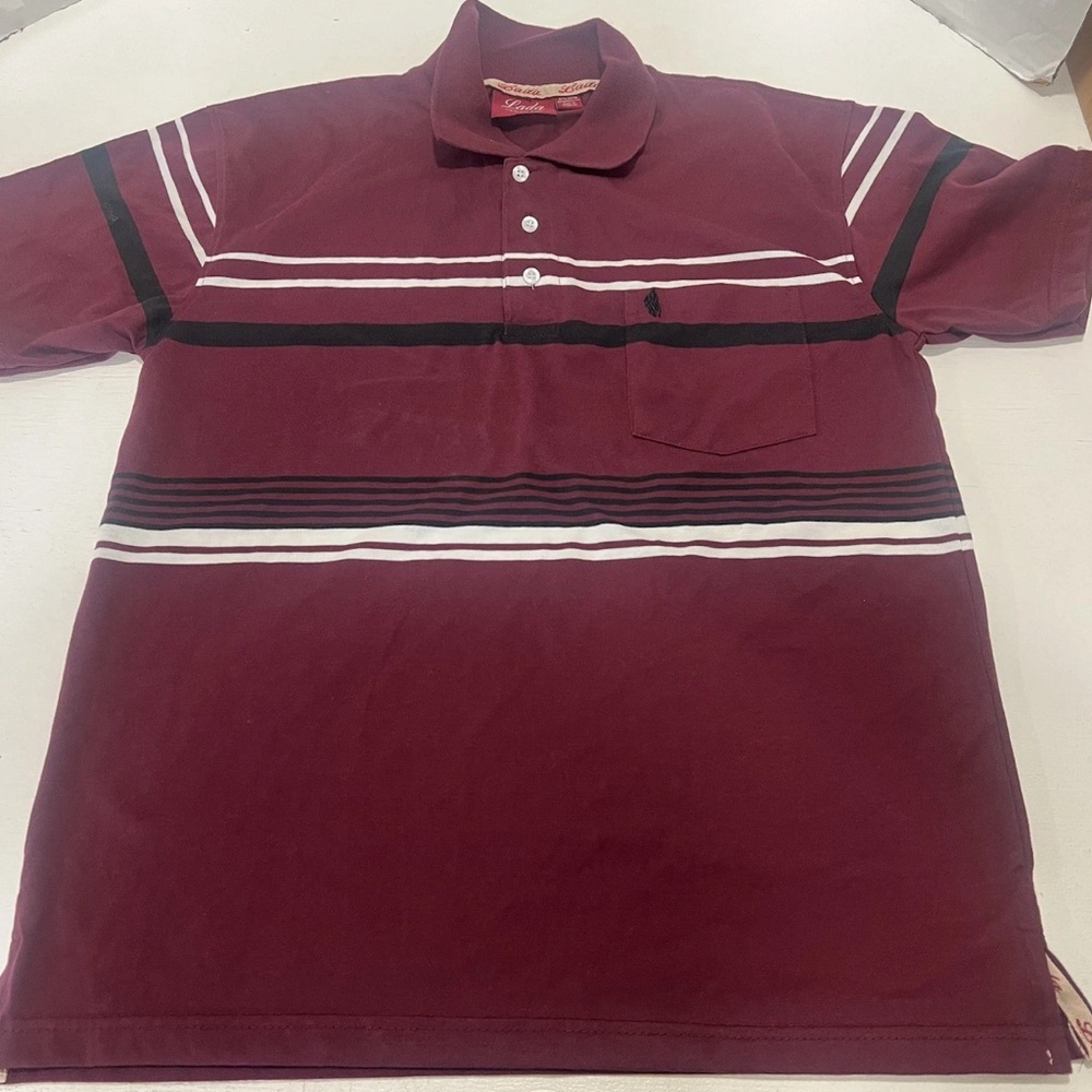 Lada The Original Style Tan Striped Colorblock Polo Shirt Mens Sz L